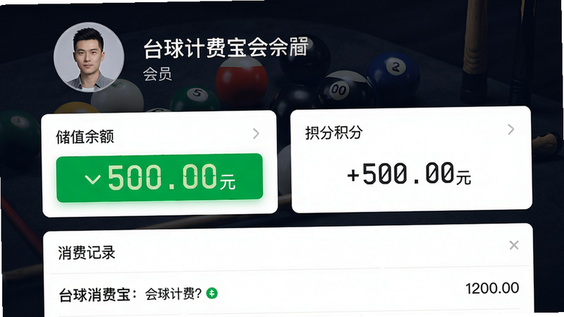 主体:台球计费宝会员管理界面,布局:顶部为会员信息头像,中间为储值余额与积分,底部为消费记录,排版:卡片流,风格:商务简约,细节:余额数字用绿色突出,画质:超清,干净,无多余元素,文字显示“台球计费宝会员”和“余额 500.00元”