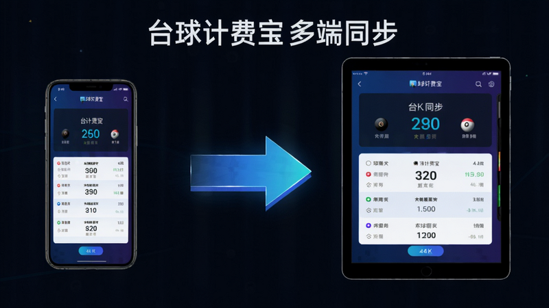 主体:台球计费宝多设备同步演示示意图,布局:左侧手机和右侧平板并列,中间有同步箭头,排版:对称式,风格:科技感插画,细节:设备屏幕显示相同计费界面,画质:4K,干净,无多余元素,文字显示“台球计费宝多端同步”