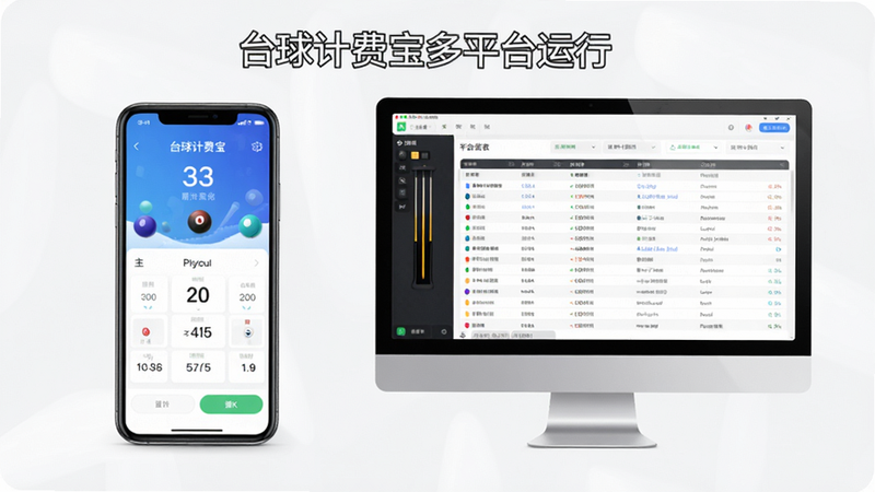 主体:台球计费宝在手机和电脑模拟器上运行的对比图,布局:左侧手机竖屏,右侧电脑模拟器横屏,排版:左右对称,风格:写实,细节:手机屏幕显示计费主界面,电脑屏幕显示报表页面,画质:4K,干净,无多余元素,文字显示“台球计费宝多平台运行”