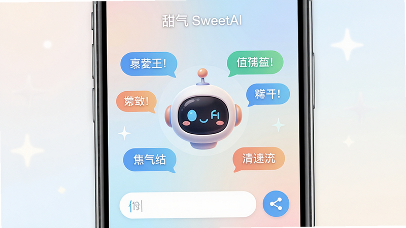 一个智能手机屏幕,展示甜气APP的对话界面,中央有卡通风格的AI助手头像,周围环绕着彩色气泡文字,底部有输入框和发送按钮,背景柔和渐变,整体风格可爱清新,画质高清细腻,干净整洁,屏幕顶部显示“甜气 SweetAI”字样。