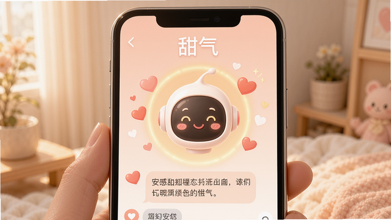 主体为手机屏幕显示甜气APP情感陪伴界面,布局中央有一个微笑的卡通AI头像,周围有爱心和温暖的光晕,排版简洁,风格柔和温馨,细节包括对话气泡中的安慰文字,画质清晰干净,文字“甜气”在顶部。
