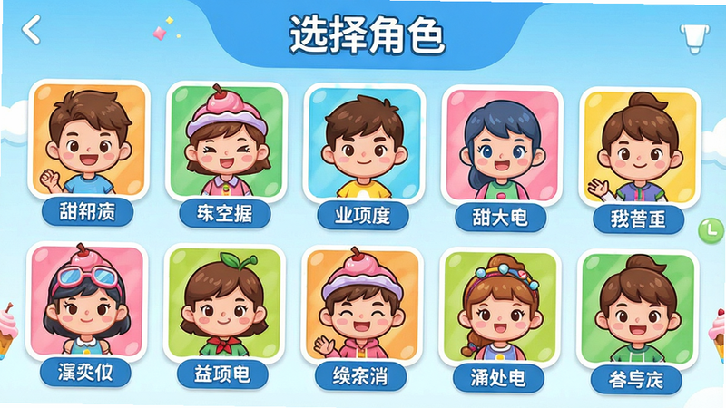 主体为甜气APP角色选择界面,布局展示多个卡通角色头像列表,排版网格状,风格多彩活泼,细节包括每个角色下方的名称标签,画质高清,干净无杂,文字“选择角色”在顶部。