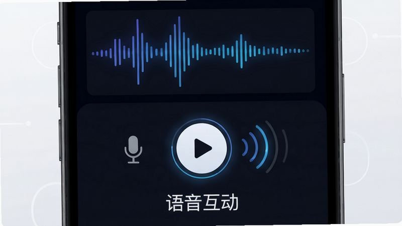 主体为甜气APP语音对话界面,布局上部显示波形图表示语音输入,下部有语音播放按钮,排版简洁,风格科技感,细节包括麦克风图标和波纹动画,画质清晰,干净,文字“语音互动”在底部。