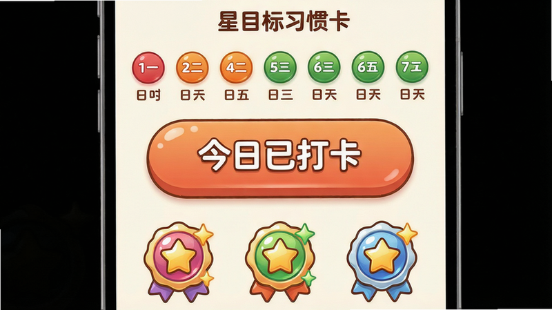 主体:星目标习惯打卡界面,顶部一排七天的日期圆点,中间是今日打卡大按钮,底部展示已获得的三个徽章。布局:垂直排列,按钮居中突出。排版:日期圆点用红橙绿三色表示连续天数,按钮上文字“今日已打卡”。风格:可爱卡通风格,圆角元素。细节:徽章带有光泽特效。画质:细腻,无多余背景元素。