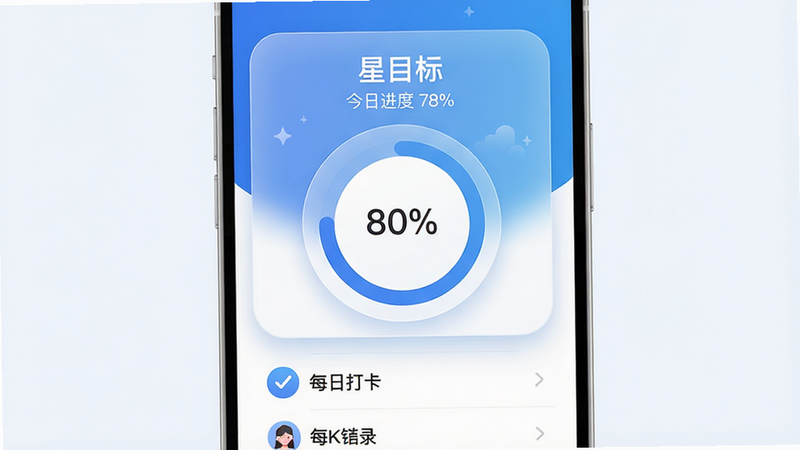 主体:星目标App主界面截图,中央展示一个圆环进度目标卡片,下方有每日打卡记录列表。布局:中心对称,卡片突出,列表清晰。排版:卡片上方标题“星目标”,副标题“今日进度 78%”,列表每项带小图标。风格:扁平化UI,蓝白渐变主色调,柔和阴影。细节:圆环内显示百分比数字,卡片边缘有毛玻璃效果。画质:4K超清,干净无多余元素。