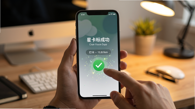 主体:星目标App在手机上的使用场景,用户手指正在点击打卡按钮。布局:手机居中,屏幕显示打卡成功动画。排版:手机周围有模糊的办公桌背景。风格:写实摄影风格,暖色调灯光。细节:手机屏幕亮起,打卡按钮变为绿色对勾,周围有粒子特效。画质:超高清,无多余杂物。
