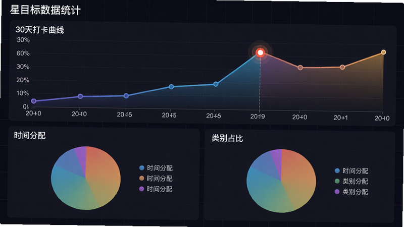 主体:星目标数据统计页面,上方折线图展示30天打卡曲线,下方两个饼图分别显示时间分配和类别占比。布局:从上到下依次是标题、折线图、两个并排饼图。排版:折线图横轴日期,纵轴百分比,饼图旁有图例。风格:图表采用渐变色填充,背景深色网格。细节:折线图上有一个闪烁的标记点指向最高点。画质:1080P清晰,无多余装饰。