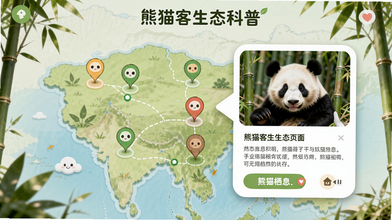 熊猫客生态科普页面,地图上显示熊猫栖息地标记点,点击后弹出科普卡片,内容包含熊猫图片、文字介绍,界面清新自然,画质高清,风格可爱教育