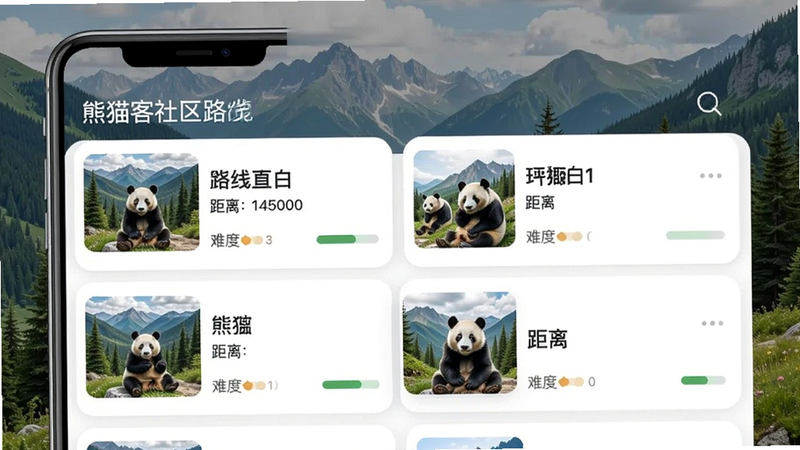 熊猫客社区路线浏览界面,手机展示多条徒步路线卡片,每张卡片有缩略图、路线名称、距离和难度等级,背景是自然风光,界面列表清晰,画质干净整洁