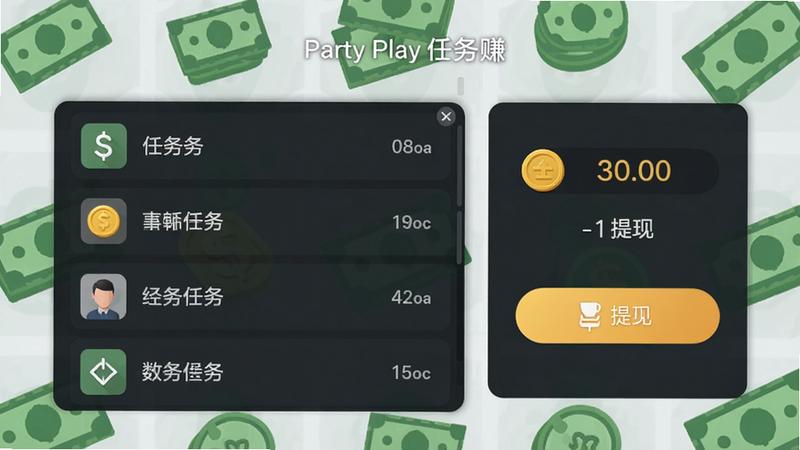 Party Play任务赚钱界面,显示任务列表、金币数量、提现按钮,背景为现金图标,风格简约,文字清晰,画质干净,无多余元素