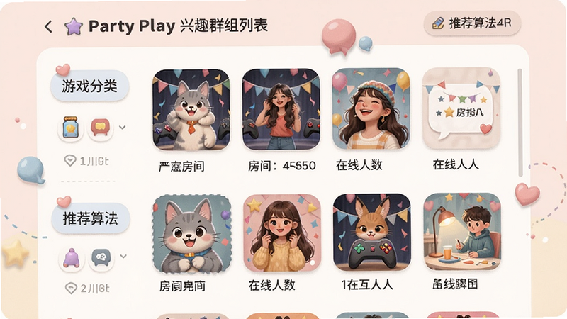Party Play兴趣群组列表页面,显示游戏分类、房间封面、在线人数,推荐算法标签,界面卡通风,色彩柔和,布局整齐,画质干净