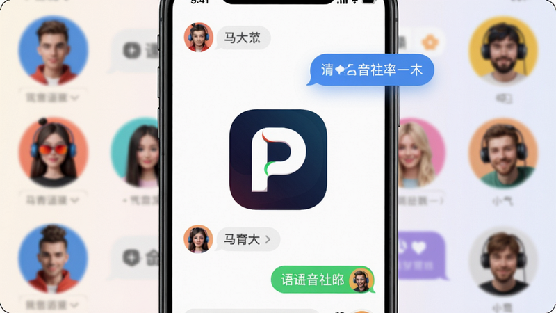 Party Play手机应用界面展示,游戏开黑语音社交,现代设计,色彩鲜艳,中央logo,背景玩家头像和聊天气泡,布局清晰,画质细腻,干净无多余元素
