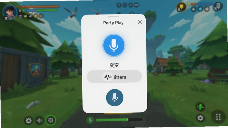 Party Play语音通话界面,显示游戏悬浮窗,背景是游戏画面,麦克风图标亮起,变声选项,画质高清,界面简洁,无多余元素