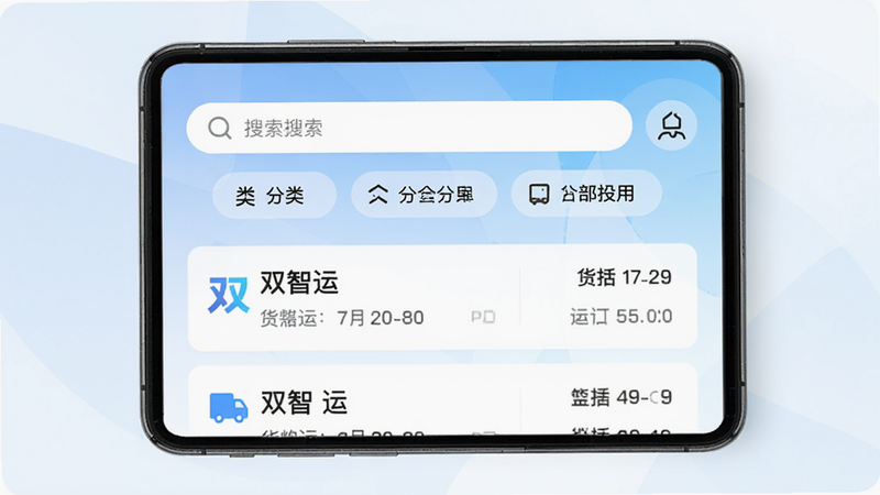 双智运APP主界面展示,手机屏幕中央显示货运订单列表,顶部有搜索栏和分类按钮,背景为浅蓝色渐变,整体界面简洁清晰,画质高清,干净无多余元素,突出“双智运”品牌标识。