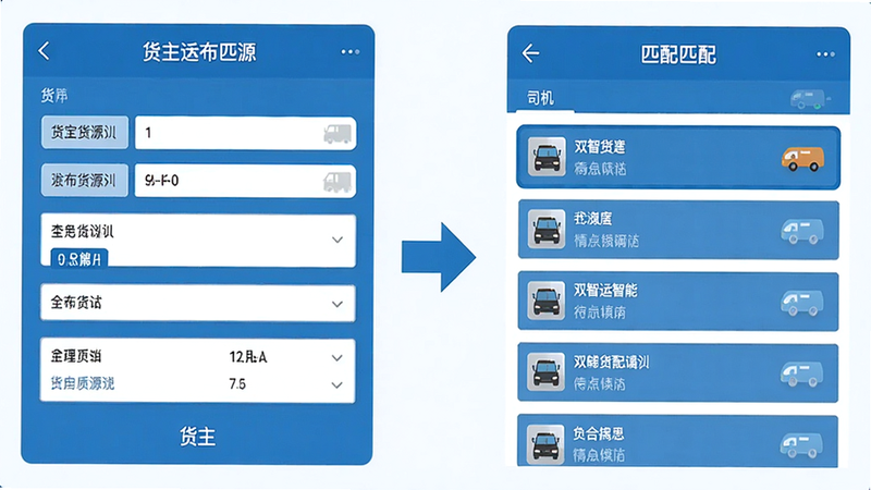 双智运智能匹配界面截图,左侧为货主发布货源表单,右侧为司机端匹配列表,中间有箭头连接,背景干净,风格扁平化,配色以蓝色为主,画质清晰,无多余元素。