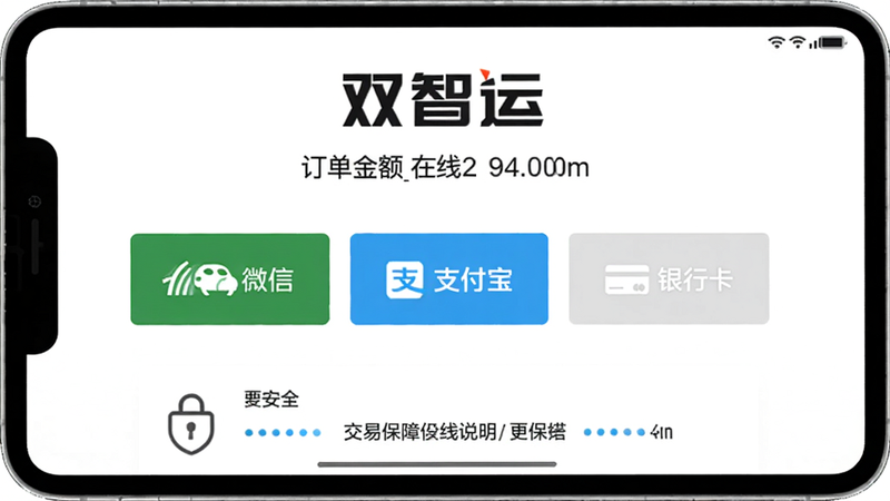 双智运在线支付界面,显示订单金额、支付方式(微信、支付宝、银行卡),安全锁图标,底部有交易保障说明,背景白色,风格简洁,画质精细,突出“双智运”安全支付特点。