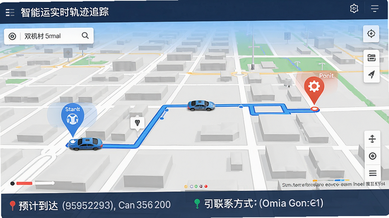 双智运实时轨迹追踪界面,地图上显示车辆行驶路线,起点和终点标记清晰,底部有预计到达时间与司机联系方式,地图风格为街景模式,整体干净,画质高清。