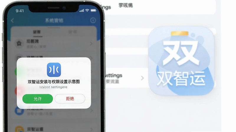 双智运安装与权限设置示意图,手机屏幕显示权限请求弹窗,有“允许”和“拒绝”按钮,背景为系统设置界面,干净简洁,画质清晰,突出双智运图标。
