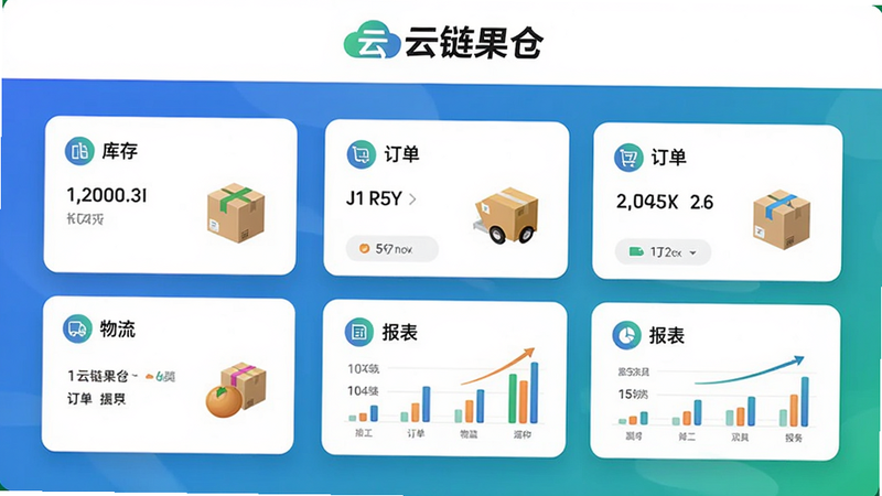 一张展示云链果仓软件主界面的预览图,界面顶部有“云链果仓”Logo,中间分布多个功能卡片,包括库存、订单、物流、报表,背景为渐变色,风格现代简洁,画质高清,干净无多余元素。