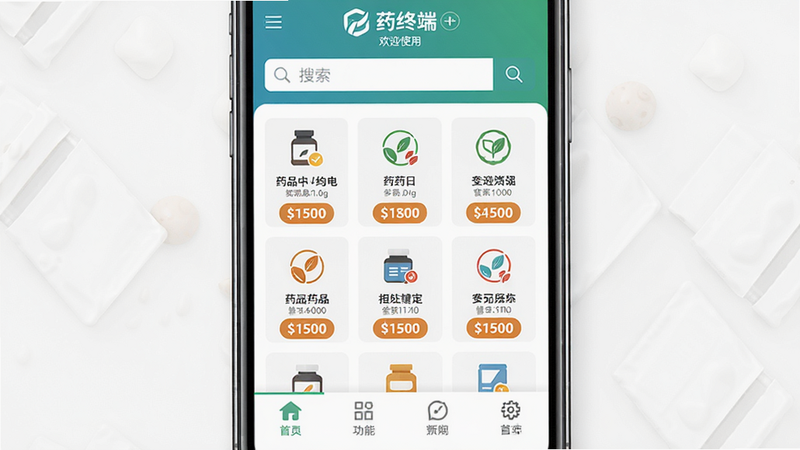药终端软件主界面预览图,主体为手机屏幕展示的首页,布局上方为搜索栏,中部为药品分类图标网格,下方为功能菜单栏,排版整洁,风格现代扁平化,细节包括药品名称和价格标签,画质高清,干净无多余元素,屏幕内显示“药终端”logo和“欢迎使用”字样