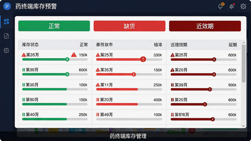 药终端库存预警界面,主体为列表形式的药品库存状态,布局分为“正常”“缺货”“近效期”三个标签页,排版规整,风格数据仪表盘样式,细节包括红色预警标记和进度条,画质高清,干净无多余元素,屏幕底部显示“药终端库存管理”字样