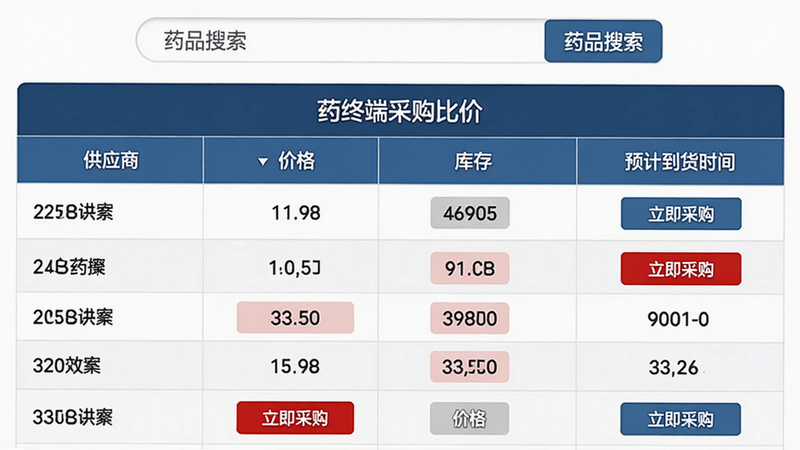 药终端在线采购比价页面,主体为多个供应商报价对比表格,布局上方为药品搜索栏,下方为表格列出供应商、价格、库存、预计到货时间,排版清晰,风格商务简洁,细节包括“立即采购”按钮和价格红色高亮,画质干净,无多余元素,表格头部显示“药终端采购比价”