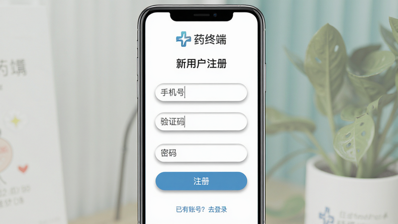 药终端注册登录界面,主体为手机屏幕显示注册表单,布局上方为“药终端”logo和“新用户注册”标题,中间为手机号输入框、验证码输入框、密码设置框,下方为“注册”按钮,排版居中,风格清新简约,细节包括输入框阴影和按钮圆角,画质干净,无多余元素,屏幕底部显示“已有账号?去登录”链接