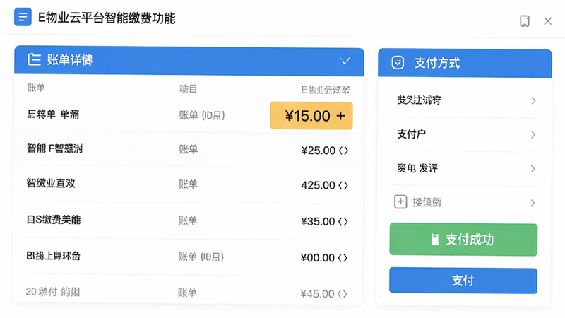 E物业云平台智能缴费功能界面,主体显示账单列表和支付按钮,布局左右分栏,左边账单详情右边支付方式,风格商务简洁,细节包括金额数字高亮、支付成功提示,画质高清,背景白色,干净无多余元素