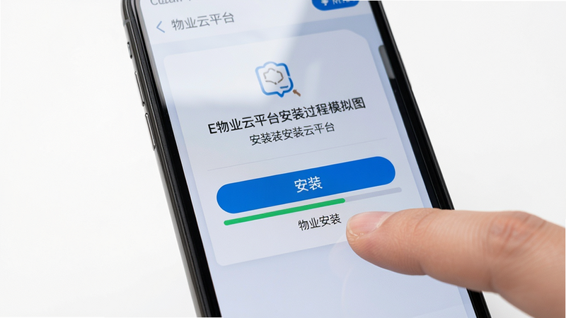 E物业云平台安装过程模拟图,主体显示手机屏幕上的安装界面,有“安装”按钮和进度条,布局居中,风格真实照片级,细节包括屏幕反光、手指点击动作,画质高清,背景干净白色