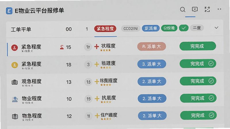E物业云平台报修工单界面,主体显示工单列表和状态标签,布局列表式排列,风格清新简洁,细节包括紧急程度标识、派单按钮、已完成标记,画质高清,背景灰色,干净无多余元素