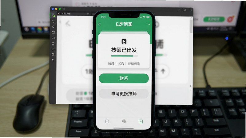 主体为手机屏幕上显示E足到家订单详情页面,包含“技师已出发”状态、联系按钮和“申请更换技师”入口。布局手机居中,背景为模拟器窗口界面,旁边有鼠标和键盘。风格截图加轻微阴影,细节清晰展示按钮文字和状态,画质高清,干净无多余元素,顶部有“E足到家”字样。