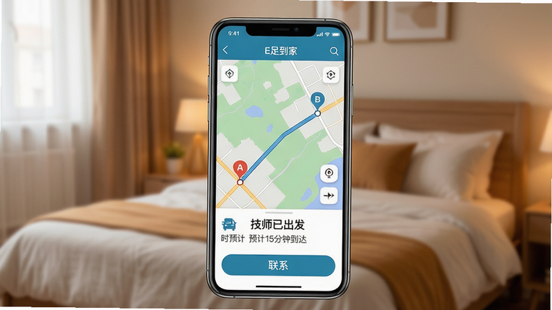主体为手机屏幕显示E足到家订单追踪界面,地图上显示一个移动的定位点从A点到B点,下方有“技师已出发”“预计15分钟到达”文字。布局手机居中,背景虚化为温馨卧室。风格仿App截图,细节包括地图路线、时间预计、联系按钮,画质高清,干净无多余元素,屏幕顶部显示“E足到家”。