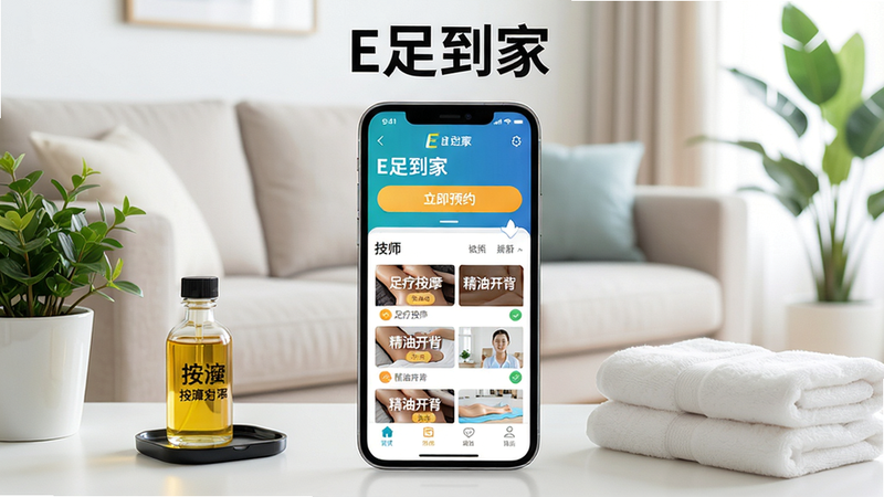 主体为一部手机屏幕展示E足到家应用主界面,界面清晰显示“立即预约”按钮和技师列表;背景是干净明亮的客厅,沙发旁放着按摩精油和毛巾。布局手机居中,周围有绿植点缀。风格写实摄影,细节包括屏幕上的服务项目文字“足疗按摩”“精油开背”等,画质高清,干净无多余元素,顶部标注“E足到家”字样。