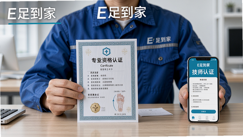 主体为一位穿着整洁工作服的技师正在展示专业资格证书和健康证,背景是简约的办公桌,证书放在桌面上,旁边有一部手机显示E足到家技师认证页面。布局证件居中,手机在侧。风格写实证件照风格,细节清晰可见证书上的文字,画质高清,干净无多余元素。顶部有“E足到家”品牌标识。