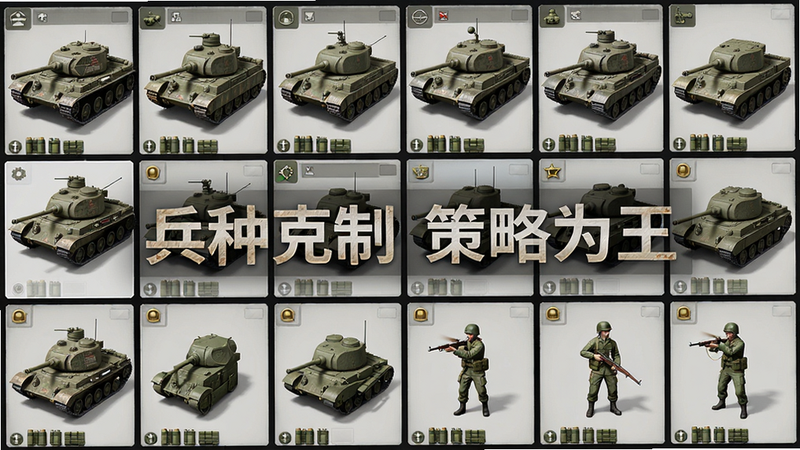 主体为二战风云2的兵种展示界面,多个坦克和士兵模型排列成行,布局网格状,风格写实军事风,细节显示装甲纹理和弹药箱,画质高清干净无多余元素,图片中打文字“兵种克制 策略为王”