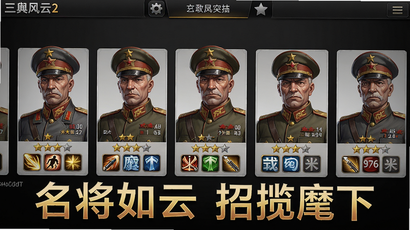主体为二战风云2的将领招募界面,立绘展示多位将军半身像,布局横向滑动卡牌风格,风格精美二次元与写实结合,细节显示星级和技能名称,画质高清干净无多余元素,图片中打文字“名将如云 招揽麾下”