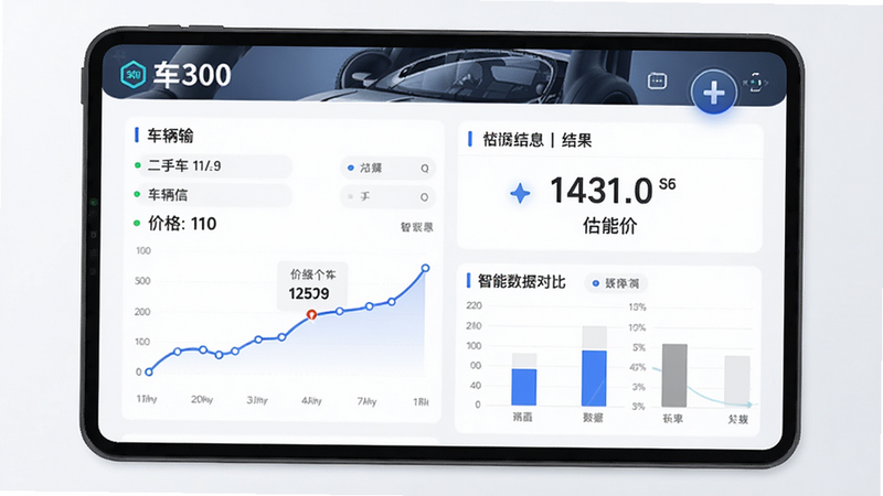车300二手车智能估价功能截图,展示输入车辆信息后显示估价结果页面,包含价格曲线和对比数据,布局清晰,风格科技感,高画质,干净整洁