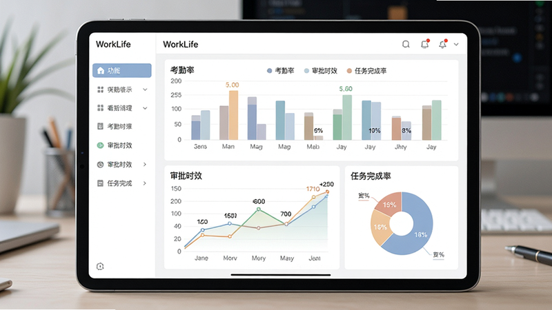 主体为平板电脑横屏界面,显示WorkLife数据看板,左侧为功能菜单,右侧为柱状图、折线图和饼图,展示“考勤率”“审批时效”“任务完成率”三个指标。图表配色柔和,布局对称,风格专业,细节包括图例和数值标签,画质高清。