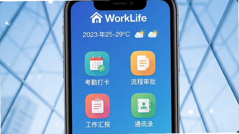 主体为一部智能手机屏幕,屏幕中央显示WorkLife应用主界面,顶部有“WorkLife”品牌Logo和日期天气,下方排列“考勤打卡”“流程审批”“工作汇报”“通讯录”四个彩色功能图标,背景为渐变色商务蓝。布局居中,风格扁平化,细节清晰(每个图标下方有中文文字说明),画质高清,干净无多余元素。