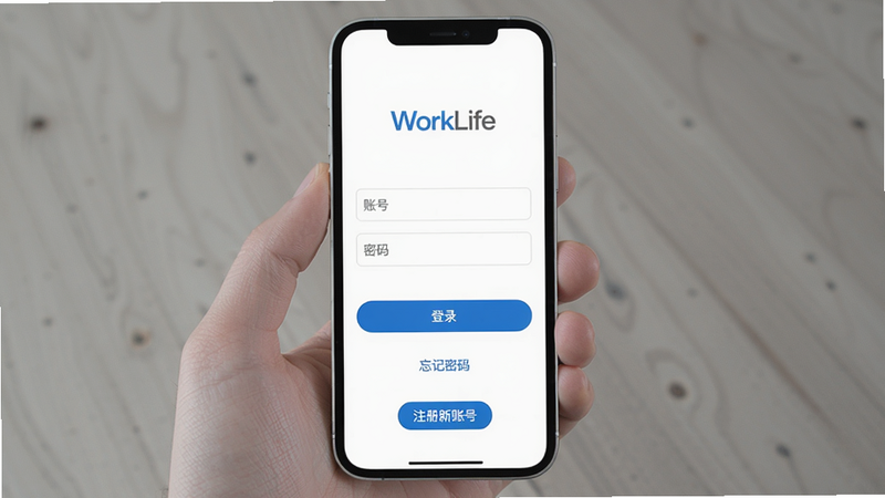 主体为手机竖屏界面,显示WorkLife登录页面,顶部有“WorkLife”Logo,下方有两个输入框(账号、密码),底部为蓝色“登录”按钮。布局居中,背景为白色,细节包括底部“忘记密码”链接和“注册新账号”按钮,画质高清,干净无多余元素。