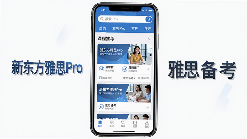 生成一张新东方雅思Pro软件主界面预览图,主体为手机屏幕显示软件首页,布局上方有搜索栏和导航标签,中间有课程推荐列表,底部菜单栏,风格现代简洁,色彩以蓝色为主色调,细节清晰,画质高清,干净无多余元素,图片中显示文字“新东方雅思Pro”和“雅思备考”。