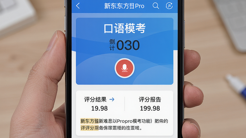 生成一张新东方雅思Pro口语模考功能截图,主体为手机界面显示口语答题页面,中间有倒计时和录音按钮,下方有评分结果展示,布局清晰,风格清新,蓝色主题,细节包括分数和评语,画质高清,干净无多余元素,图片中文字“口语模考”和“评分报告”。