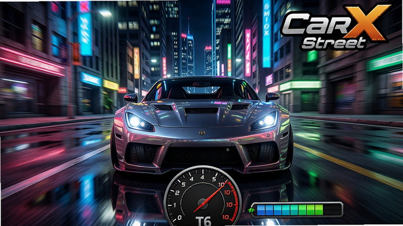 ���壺CarX Street ��Ϸ�����棬һ����װ�ܳ�ͣ���޺���нֵ����룬��ͷ���Ծ�ͷ�����֣�������У������Ǹ�¥���ú��Ųʵƹ⣬·���ж�̬ģ��Ч�����Ű棺�����·���ʾ�ٶȱ��̺͵����������Ͻ��С�CarX Street����Ϸ���⡣���дʵ������Ϸ��񣬹�Ӱ���棬ɫ�����ޱ��͡�ϸ�ڣ��������⡢��̥������·���ˮ��Ӱ�����ɼ������ʣ������壬�޶���UIԪ�أ��ɾ����ࡣ
