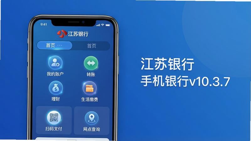 主体:江苏银行App界面预览图,布局:手机屏幕居中展示,主界面显示“首页”选项卡,包含“我的账户”“转账”“理财”“生活缴费”四个圆形图标,下方有“扫码支付”“网点查询”等快捷入口。排版:左侧为手机模型,右侧配简洁文字说明“江苏银行 手机银行v10.3.7”。风格:科技感、清爽蓝色调,细节:界面按钮带微光效,背景为渐变蓝。画质:高清渲染,干净,无多余元素。