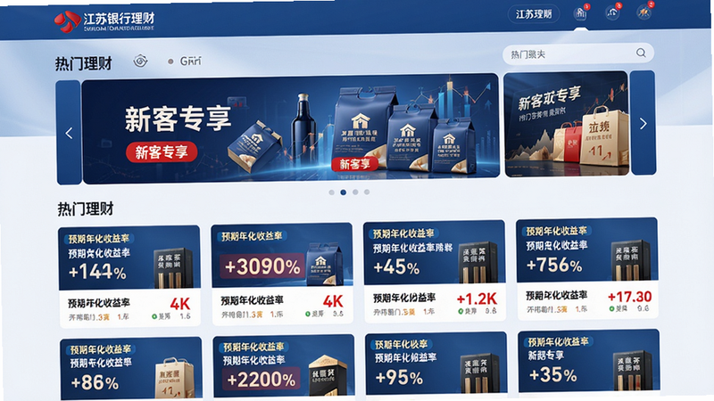 主体:江苏银行理财页面展示“热门理财”列表,布局:顶部轮播图推荐“新客专享”产品,下方网格排列多个理财产品卡片,每个卡片带“预期年化收益率”标签。风格:金融风格、稳重蓝色,细节:收益率数字用红色高亮。画质:4K细腻,干净。