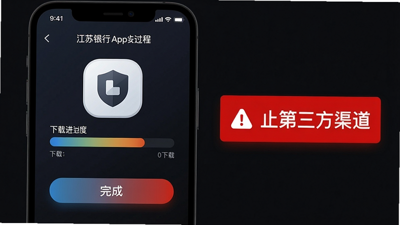 主体:江苏银行App安装过程图示,布局:手机屏幕显示下载进度条和“完成”按钮,旁边有红色警报“禁止第三方渠道”。排版:中间大图标,下方有文字提示。风格:警示风格,背景为暗色。细节:进度条带渐变,红色警告框。画质:清晰,干净。