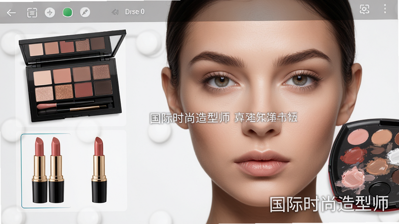 游戏化妆界面,特写模特脸部,展示各种化妆品选项,包括眼影盘、口红管,旁边有调色板,界面精致,有'国际时尚造型师'水印,干净细腻。