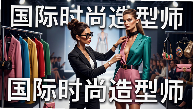 主视觉图,展示游戏界面中一位时尚造型师正在为模特搭配服装,背景是璀璨的T台,周围有各种衣架和配饰,画面色彩鲜艳,时尚感强烈,文字标注'国际时尚造型师',干净简洁,高画质。