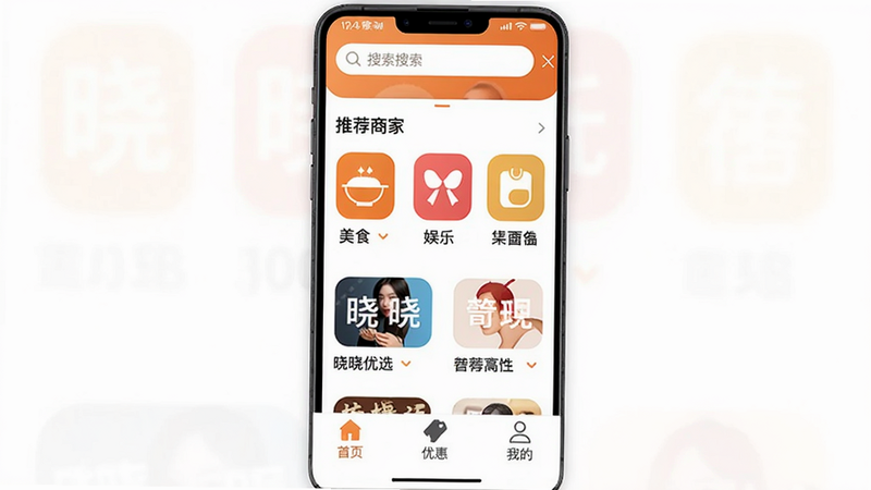 一张手机竖屏截图,显示晓晓优选APP的首页,顶部有搜索栏,中部是推荐商家列表,有美食、娱乐等分类图标,底部导航栏有“首页”、“优惠”、“我的”等,整体界面采用橙色和白色搭配,现代简约风格,画质清晰,无多余元素。