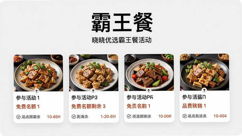 晓晓优选霸王餐活动页面,顶部标题“霸王餐”大字,下方以卡片形式展示多个参与活动的商家,每张卡片包含商家菜品照片、免费名额剩余数量、距离等,背景浅灰色,布局清晰,现代UI风格,画质细腻。